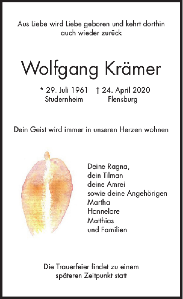 Traueranzeigen von Wolfgang Krämer sh z Trauer