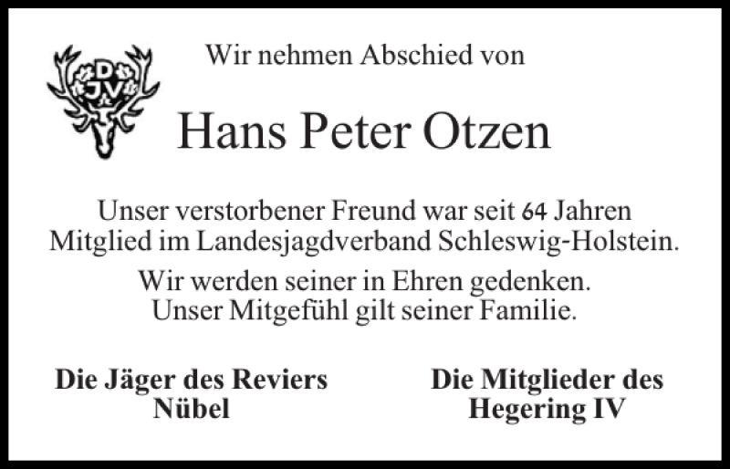 Traueranzeigen Von Hans Peter Otzen Sh Z Trauer