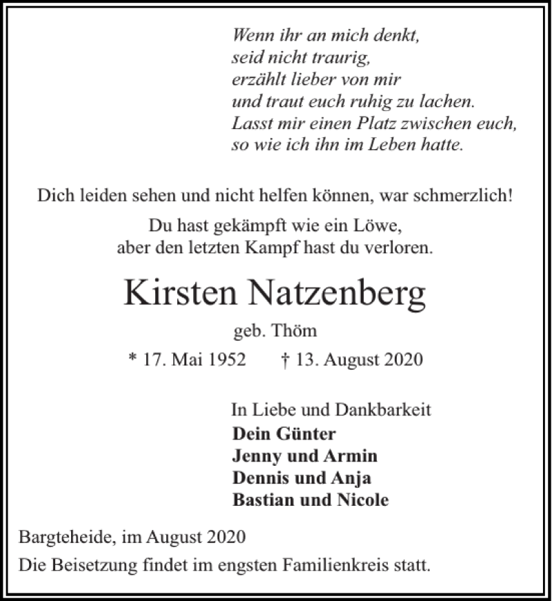 Traueranzeigen Von Kirsten Natzenberg Sh Z Trauer