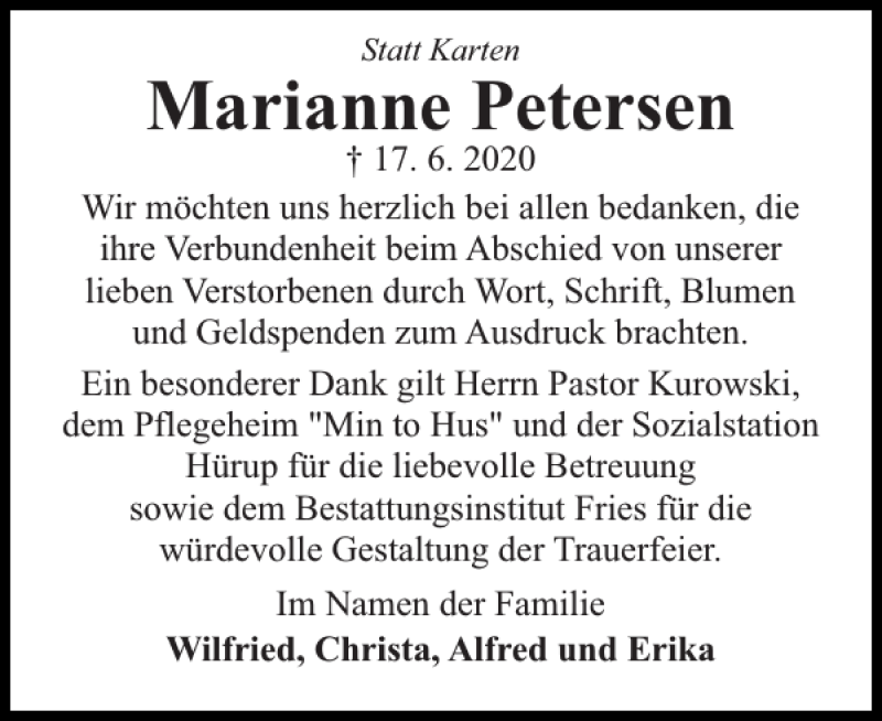 Traueranzeigen Von Marianne Petersen Sh Z Trauer