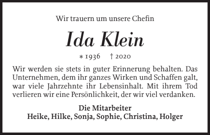 Traueranzeigen Von Ida Klein Sh Z Trauer