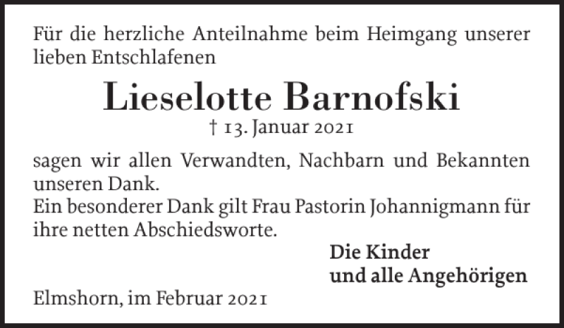 Traueranzeigen Von Lieselotte Barnofski Sh Z Trauer