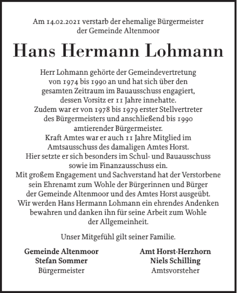 Traueranzeigen Von Hans Hermann Lohmann Sh Z Trauer