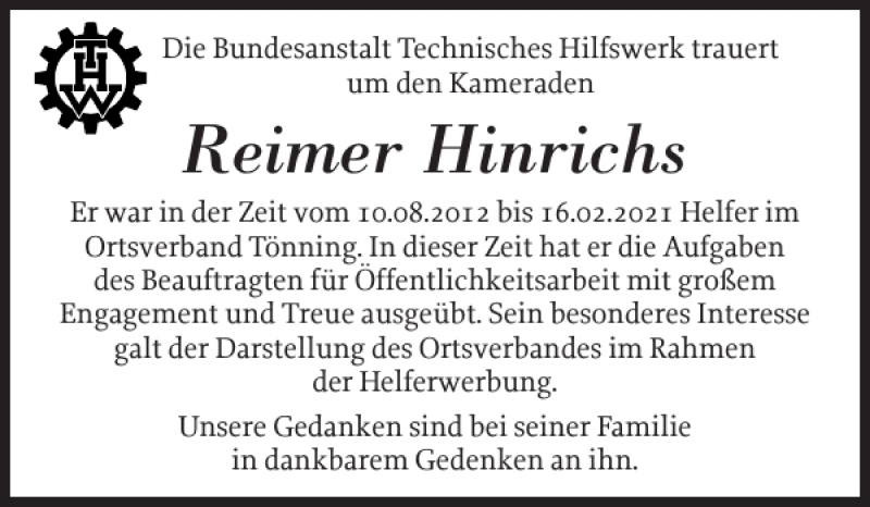 Traueranzeigen Von Reimer Hinrichs Sh Z Trauer