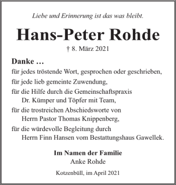 Traueranzeigen Von Hans Peter Rohde Sh Z Trauer