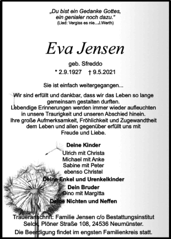 Traueranzeigen Von Eva Jensen Sh Z Trauer