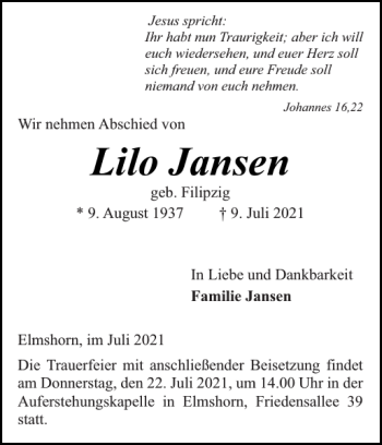 Traueranzeigen Von Lilo Jansen Sh Z Trauer