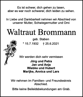 Traueranzeigen Von Waltraut Brommann Sh Z Trauer