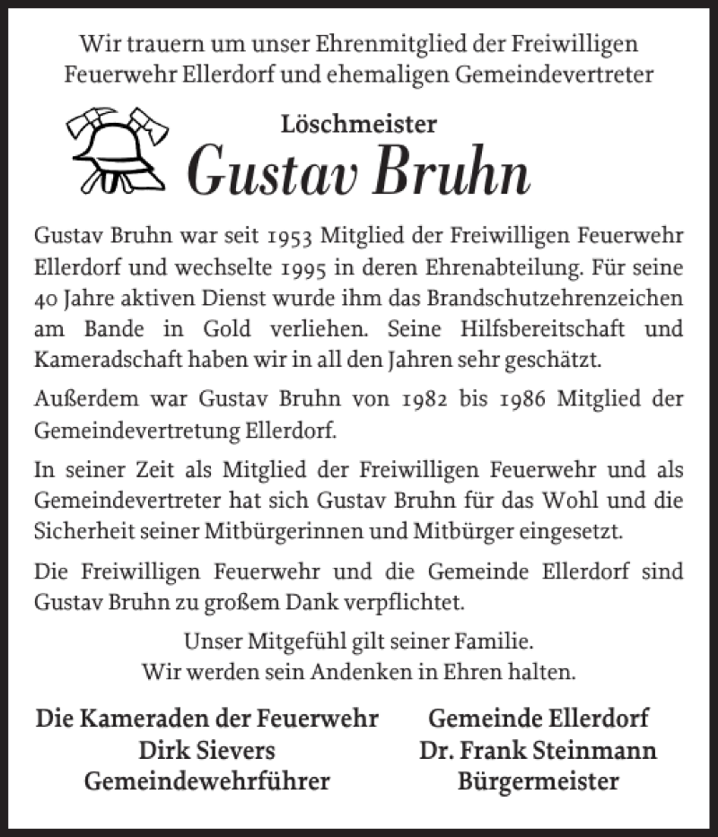 Traueranzeigen Von Gustav Bruhn Sh Z Trauer