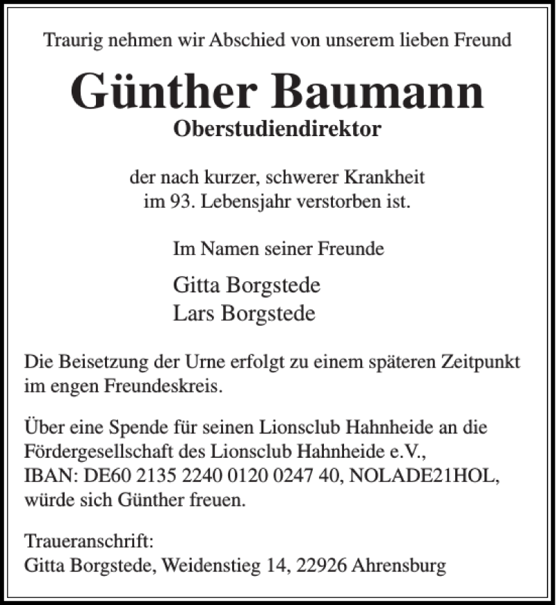 Traueranzeigen von Günther Baumann sh z Trauer