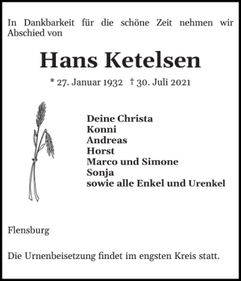 Traueranzeigen Von Hans Ketelsen Sh Z Trauer