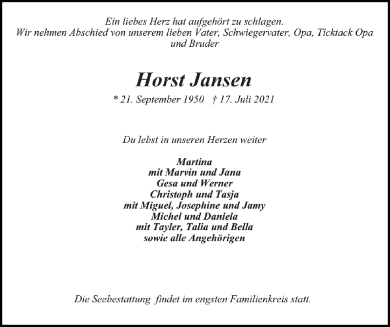 Traueranzeigen Von Horst Jansen Sh Z Trauer