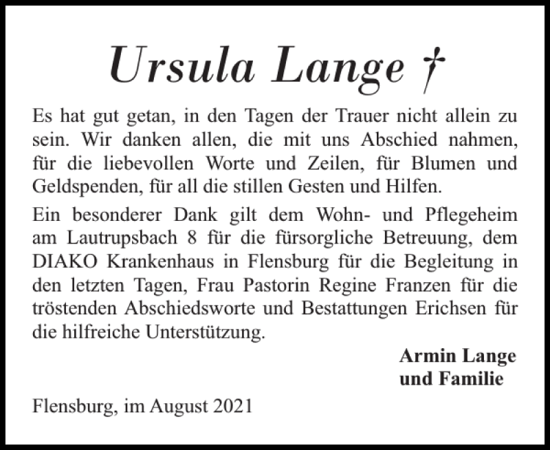 Traueranzeigen Von Ursula Lange Sh Z Trauer