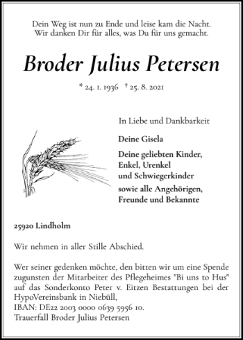 Traueranzeigen Von Broder Julius Petersen Sh Z Trauer