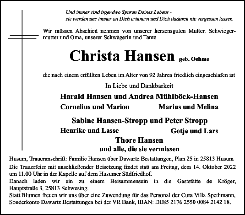 Traueranzeigen Von Christa Hansen Sh Z Trauer