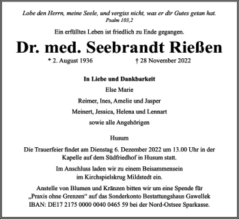 Traueranzeigen Von Dr Med Seebrandt Rie En Sh Z Trauer