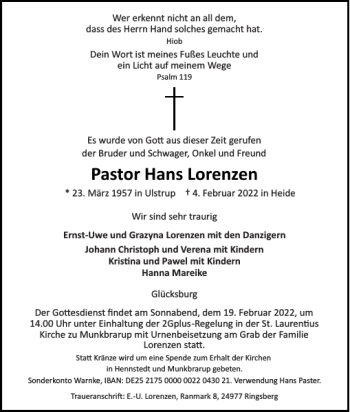 Traueranzeigen Von Pastor Hans Lorenzen Sh Z Trauer