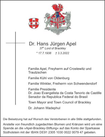 Traueranzeigen von Dr Hans Jürgen Apel sh z Trauer