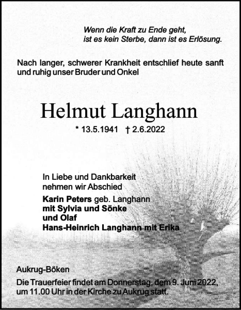 Traueranzeigen Von Helmut Langhann Sh Z Trauer