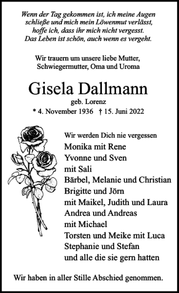 Traueranzeigen Von Gisela Dallmann Sh Z Trauer