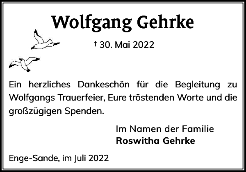 Traueranzeigen Von Wolfgang Gehrke Sh Z Trauer