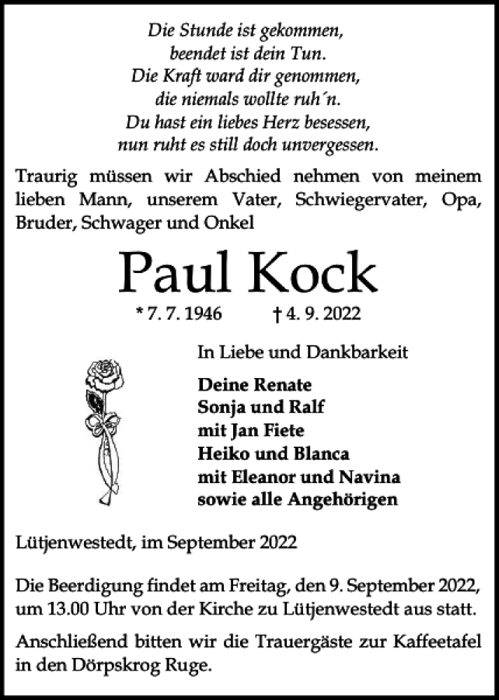 Traueranzeigen Von Paul Kock Sh Z Trauer