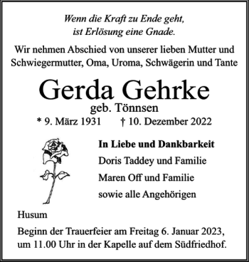 Traueranzeigen Von Gerda Gehrke Sh Z Trauer