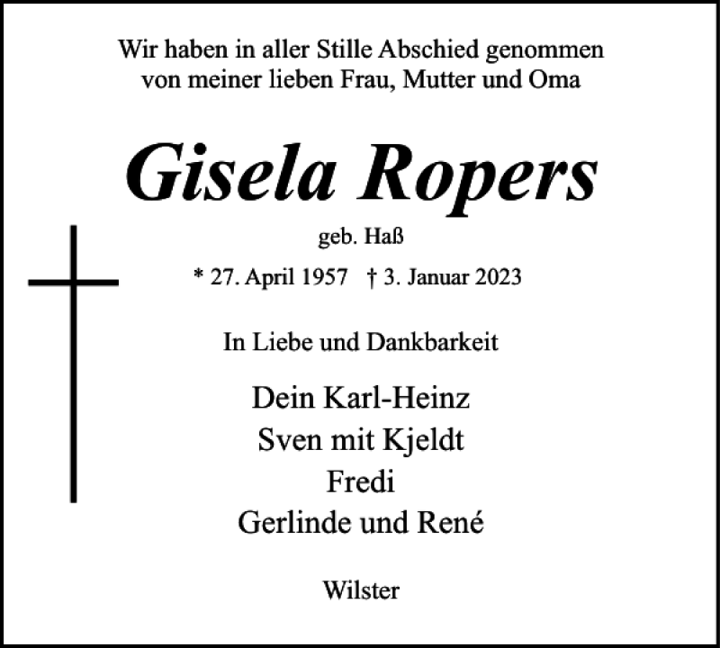 Traueranzeigen Von Gisela Ropers Sh Z Trauer