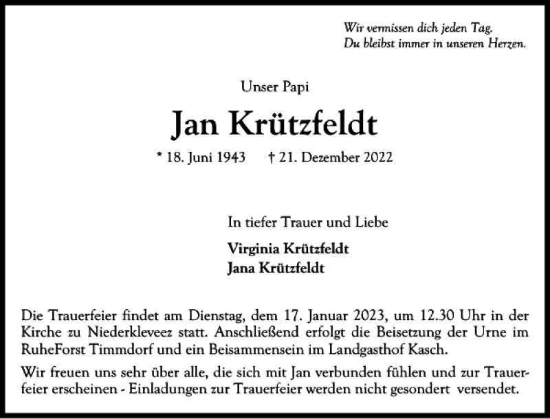 Traueranzeigen von Jan Krützfeldt sh z Trauer