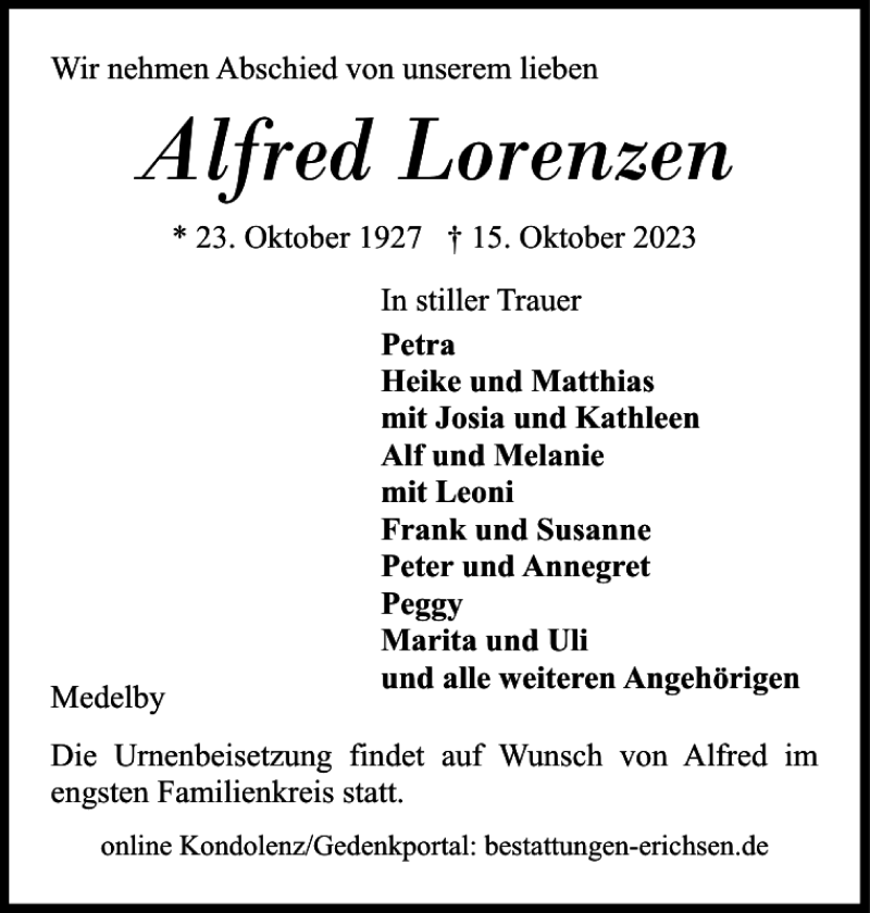 Traueranzeigen Von Alfred Lorenzen Sh Z Trauer