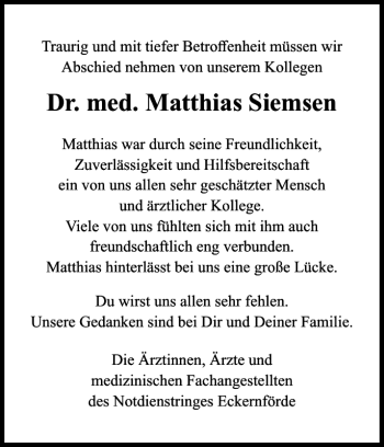 Traueranzeigen Von Dr Med Matthias Siemsen Sh Z Trauer