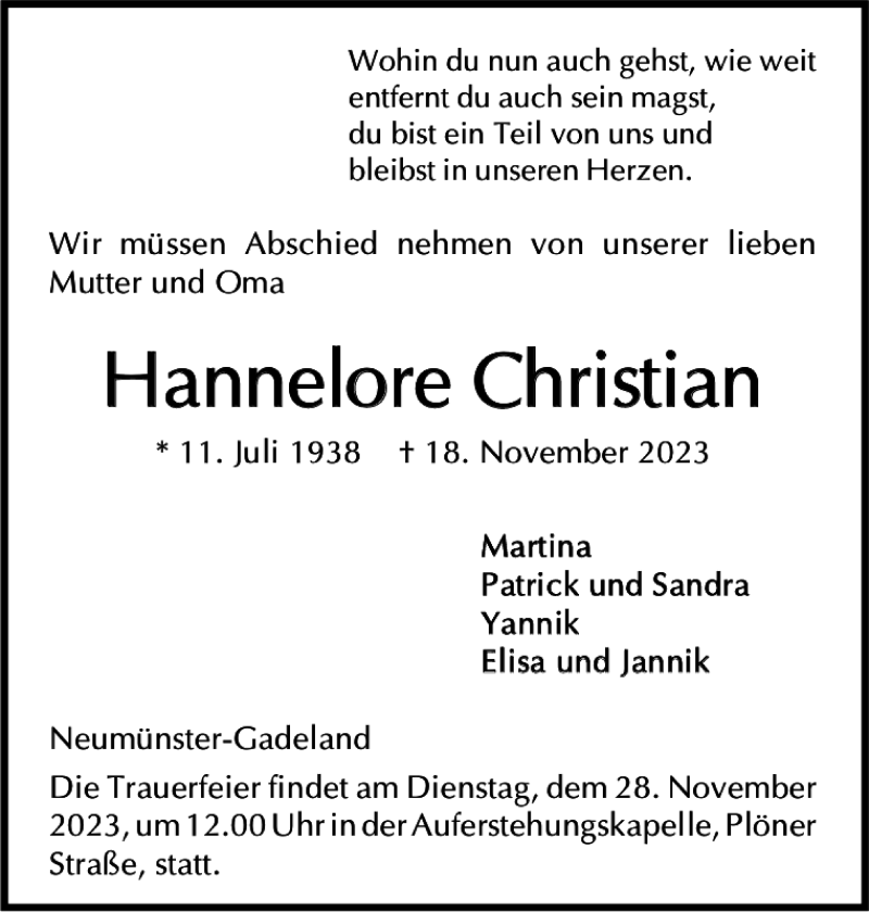 Traueranzeigen Von Hannelore Christian Sh Z Trauer