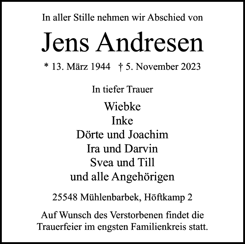 Traueranzeigen Von Jens Andresen Sh Z Trauer