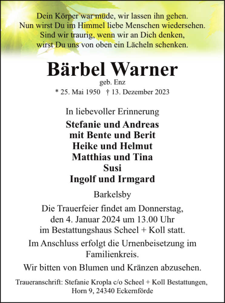 Traueranzeigen Von B Rbel Warner Sh Z Trauer