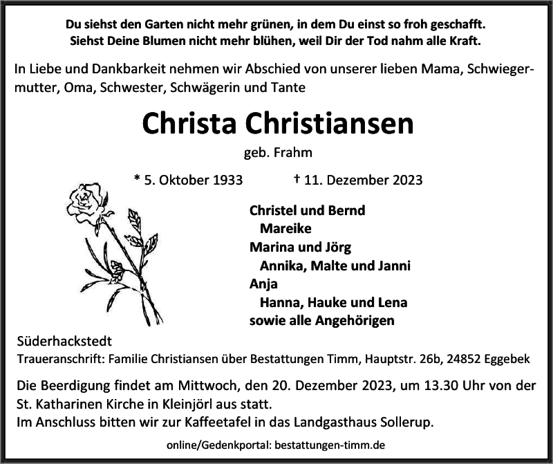 Traueranzeigen Von Christa Christiansen Sh Z Trauer