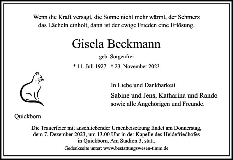 Traueranzeigen Von Gisela Beckmann Sh Z Trauer