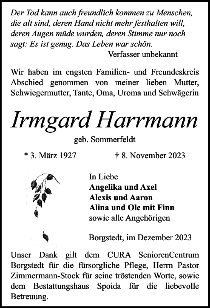 Traueranzeigen Von Irmgard Harrmann Sh Z Trauer