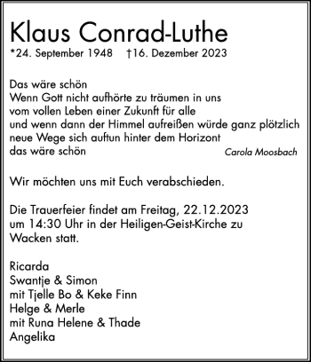 Traueranzeigen Von Klaus Conrad Luthe Sh Z Trauer