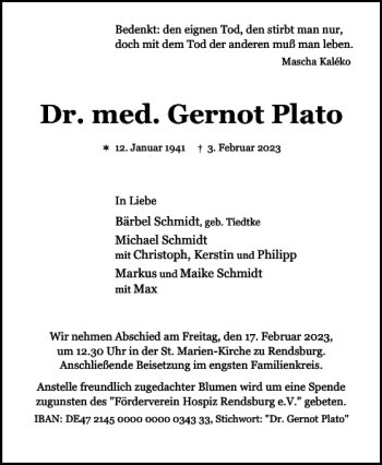 Traueranzeigen Von Dr Med Gernot Plato Sh Z Trauer