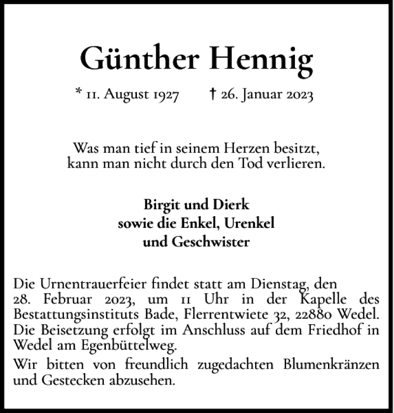 Traueranzeigen von Günther Hennig sh z Trauer