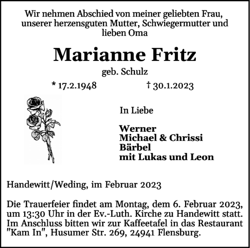 Traueranzeigen Von Marianne Fritz Sh Z Trauer