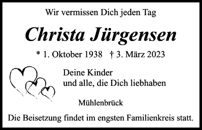 Traueranzeigen Von Christa J Rgensen Sh Z Trauer