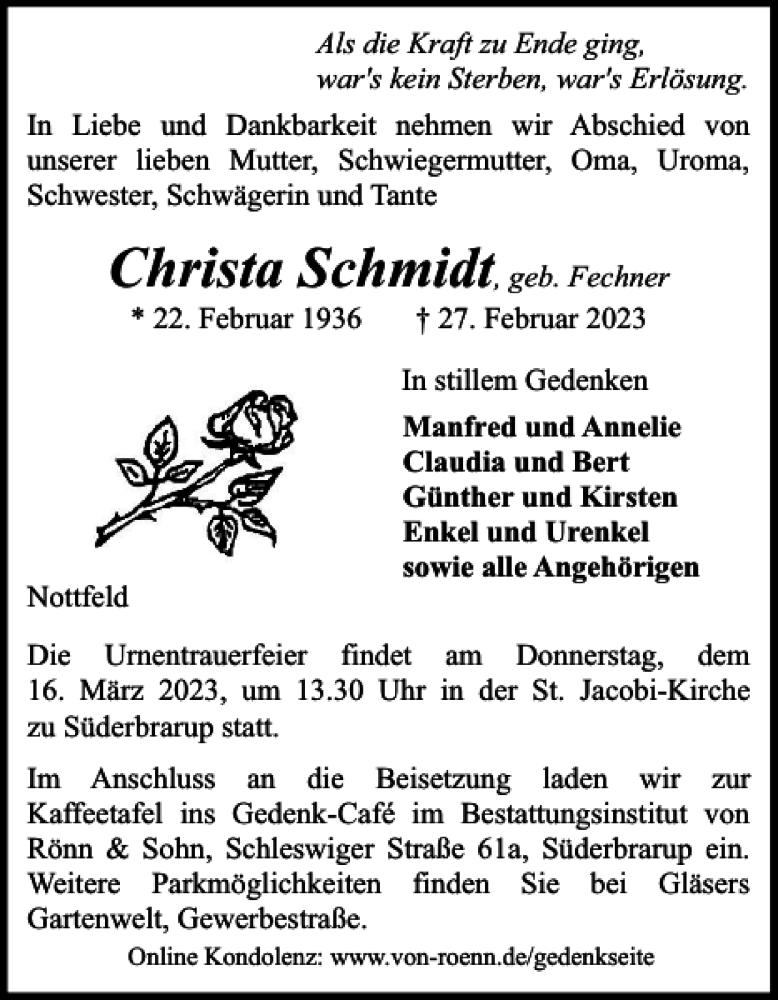 Traueranzeigen Von Christa Schmidt Sh Z Trauer