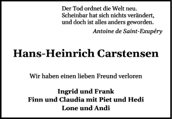 Traueranzeigen Von Hans Heinrich Carstensen Sh Z Trauer