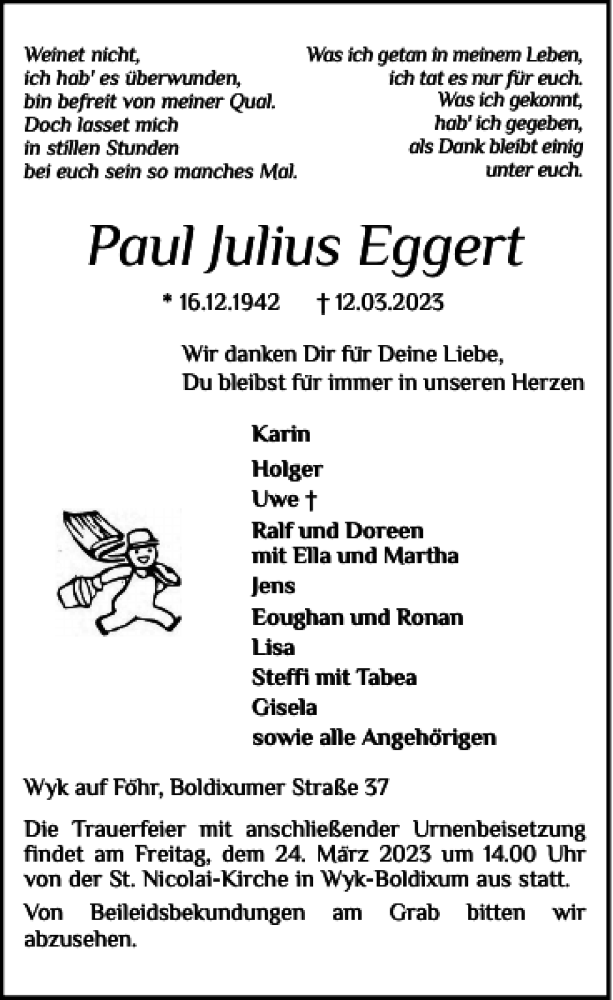 Traueranzeigen Von Paul Julius Eggert Sh Z Trauer