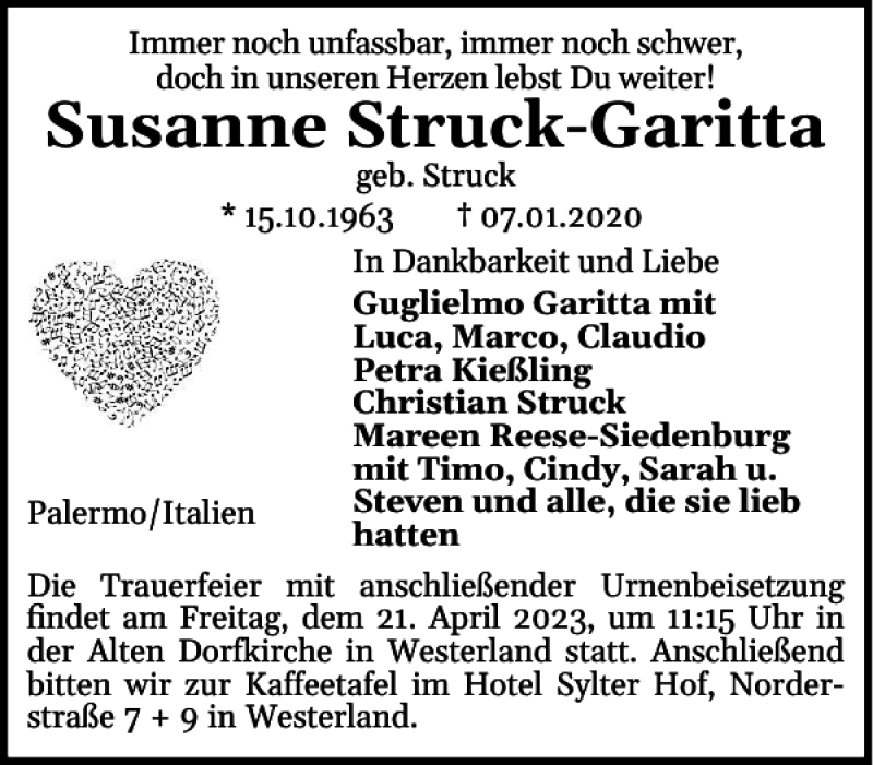 Traueranzeigen Von Susanne Struck Garitta Sh Z Trauer