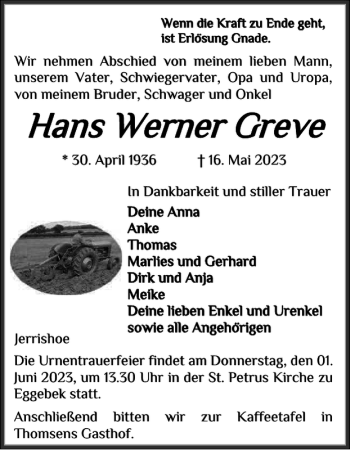 Traueranzeigen Von Hans Werner Greve Sh Z Trauer