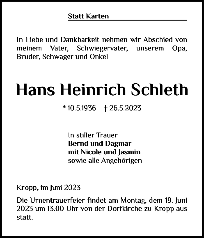 Traueranzeigen Von Hans Heinrich Schleth Sh Z Trauer