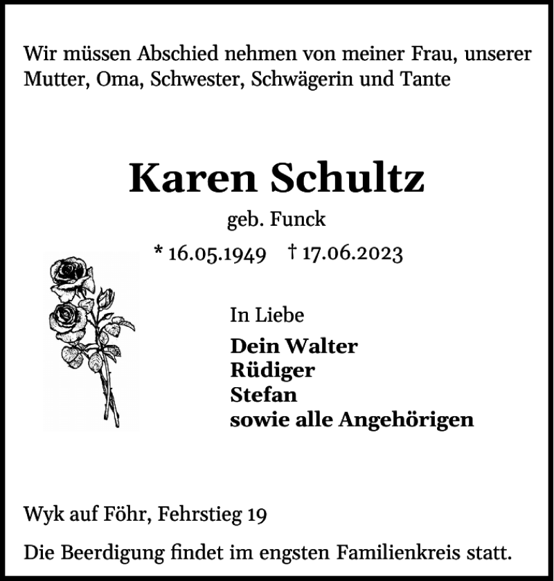 Traueranzeigen Von Karen Schultz Sh Z Trauer