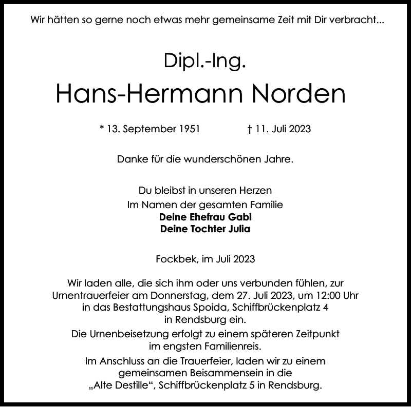 Traueranzeigen Von Hans Hermann Norden Sh Z Trauer